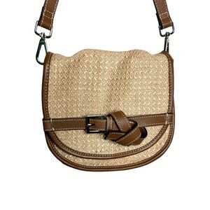 J Jill brown leather woven jute flap knotted crossbody saddle bag